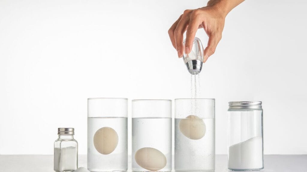 Hand sprinkling salt into glasses of water with eggs, demonstrating density and liquid behavior in a simple experiment