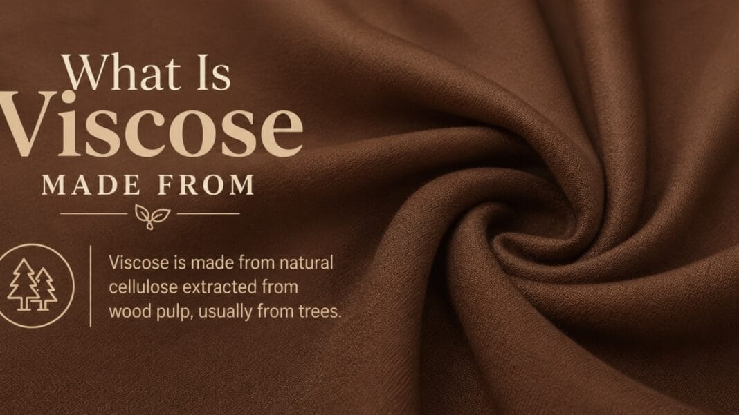 Brown viscose fabric banner showing soft folds with text “What Is Viscose Made From” and a note about natural cellulose from wood pulp.