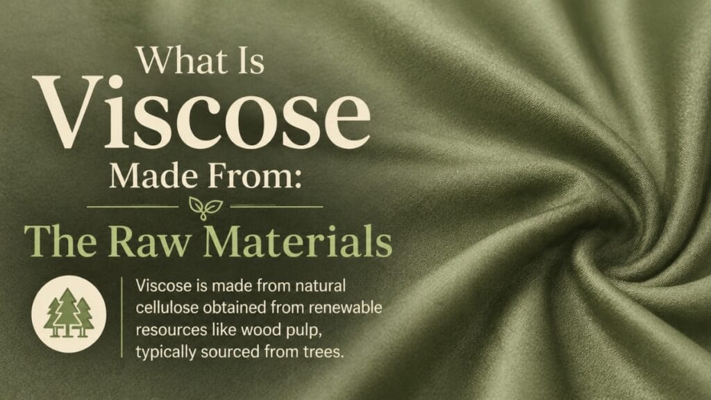 Olive green viscose fabric banner with soft folds and text “What Is Viscose Made From: The Raw Materials” explaining it is made from natural cellulose sourced from wood pulp.