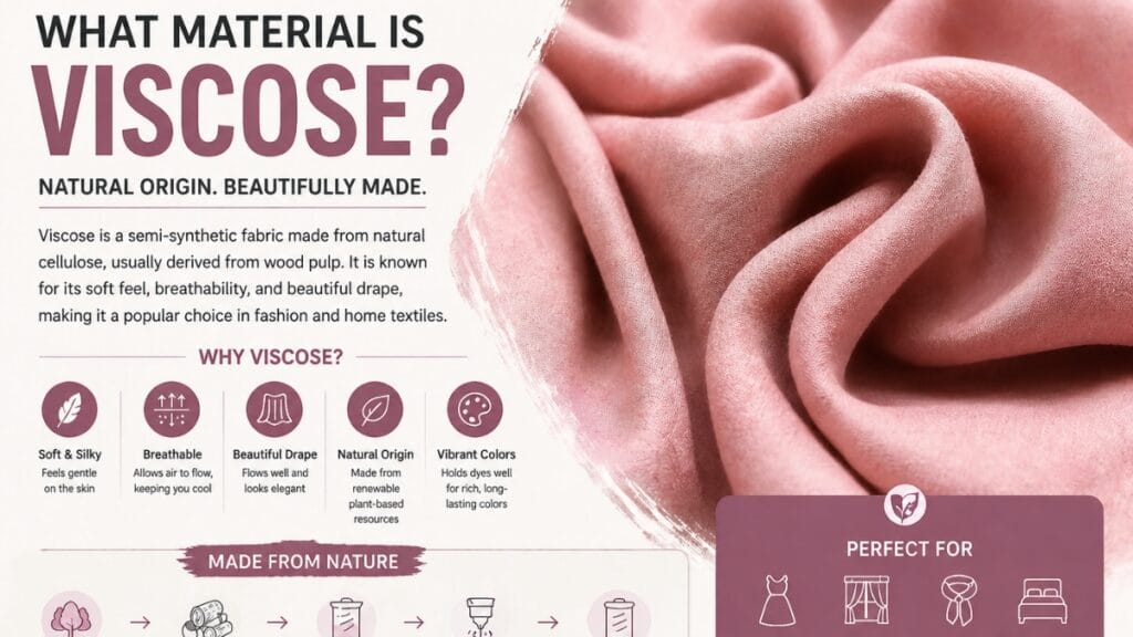 Close-up photo of pink viscose fabric with a text infographic explaining what viscose is and why it’s used.