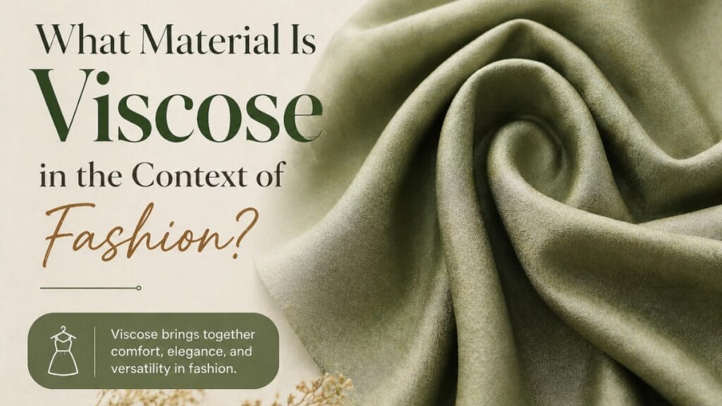 What Material Is Viscose? A fashion infographic with the title over folded sage-green viscose fabric and a quote bubble explaining that viscose combines comfort, elegance, and versatility.