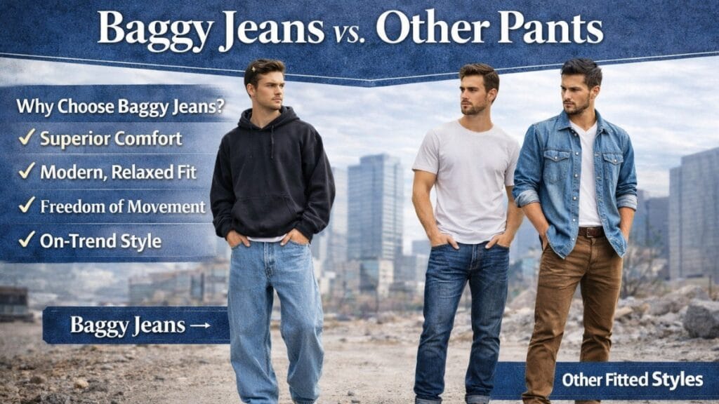  Comparison graphic titled “Baggy Jeans vs. Other Pants,” showing three men in the foreground—one wearing baggy jeans with a hoodie, and two wearing more fitted styles (tight jeans/other pants)—with text on the left listing benefits of baggy jeans: superior comfort, modern relaxed fit, freedom of movement, and on-trend style.