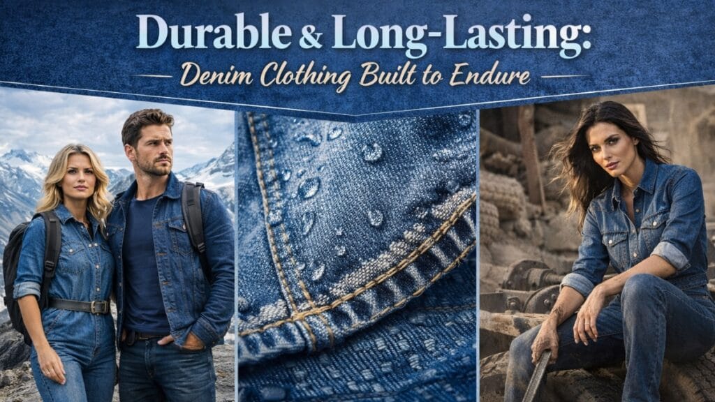Durable long-lasting denim clothing banner showing a couple wearing denim outfits outdoors, a close-up of denim fabric details, and a woman in denim seated in an outdoor work setting, with the text “Durable & Long-Lasting: Denim Clothing Built to Endure.”