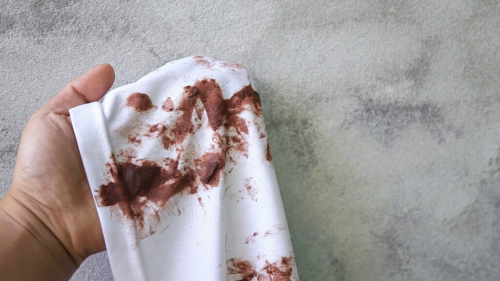 Blood stain on a white shirt sleeve—how to get blood out of clothes is shown by the visible dried stain spots.