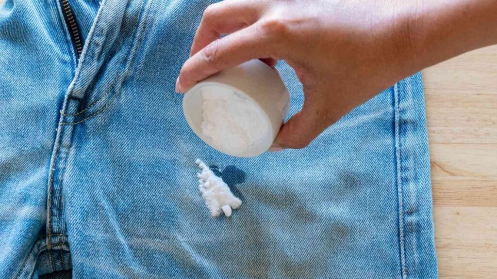 Hand rubbing a small bar of soap onto an oil stain on blue denim jeans to remove the stain.