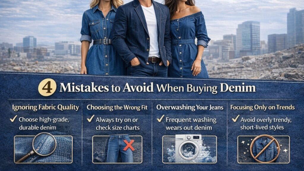 The image shows a headline that reads “4 Mistakes to Avoid When Buying Denim.” Beneath the title, there are four short points describing what to avoid: ignoring fabric quality (choose durable, high-grade denim), choosing the wrong fit (try them on or check sizing charts), overwashing your jeans (washing too often wears out denim), and focusing only on trends (avoid overly trendy styles that won’t last).