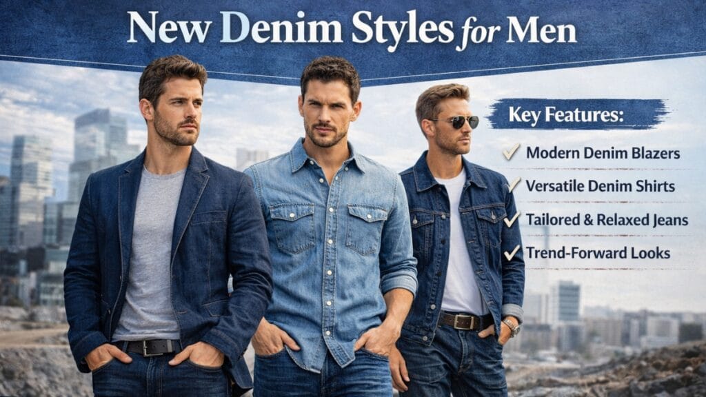New Denim Styles for Men banner showing three fashionably dressed men in denim blazers, denim shirts, and jeans against a city skyline, with a “Key Features” list on the right.