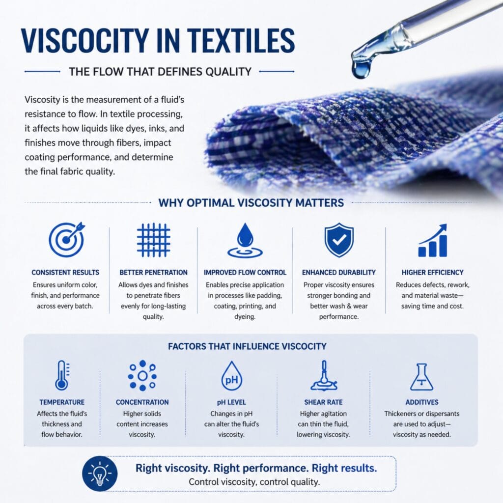“Viscosity in textiles infographic explaining what is viscosity—a fluid’s resistance to flow—and how viscosity affects dye, ink, and finishing performance (penetration, flow control, durability, and efficiency), with examples like thin vs thick fluids and key factors such as temperature, concentration, pH level, shear rate, and additives.”