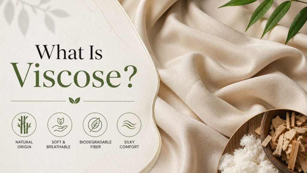Viscose fabric label highlighting natural origin, softness, biodegradability, and silky comfort.