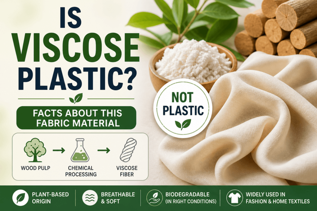 Is viscose plastic infographic showing wood pulp, chemical process, and soft fabric with eco-friendly features
