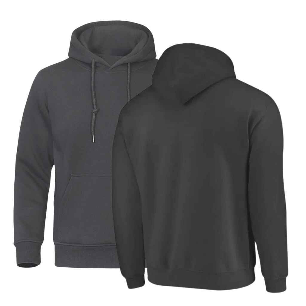 Front and back view of a grey fitted hoodie displayed against a white background. The image is relevant for Fashion Soul International’s article titled ‘Different Types of Hoodies,’ highlighting the design and style of a fitted hoodie.