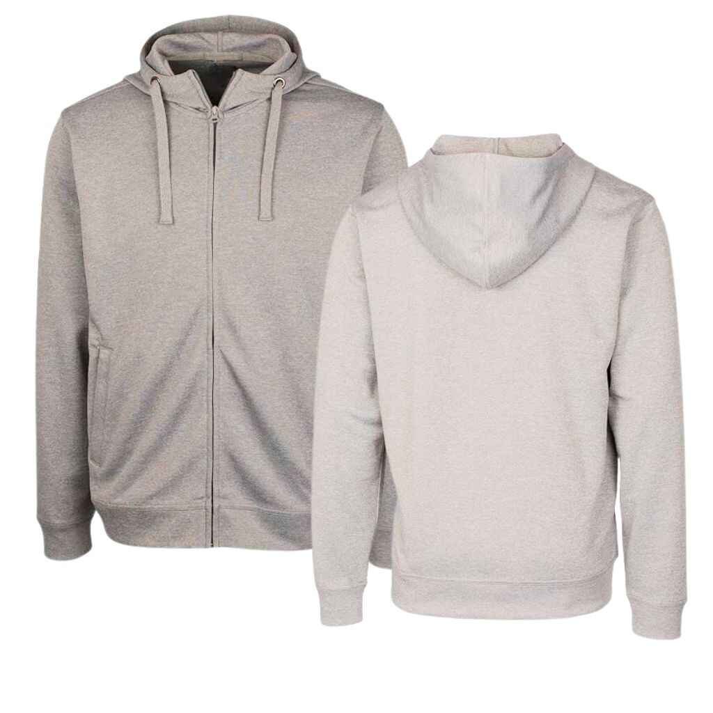 Front and back view of a grey zip-up hoodie displayed against a white background. The image is relevant for Fashion Soul International’s article titled ‘Different Types of Hoodies,’ showcasing the design and style of a zip-up hoodie.