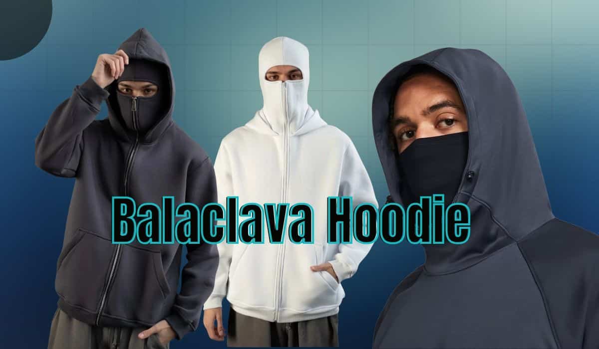 A stylish person wearing a black Balaclava Hoodie blending fashion with functionality in a modern urban setting.