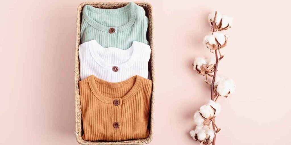 Three organic cotton t-shirts in a woven basket, featuring green, white, and orange colors, next to a cotton branch.