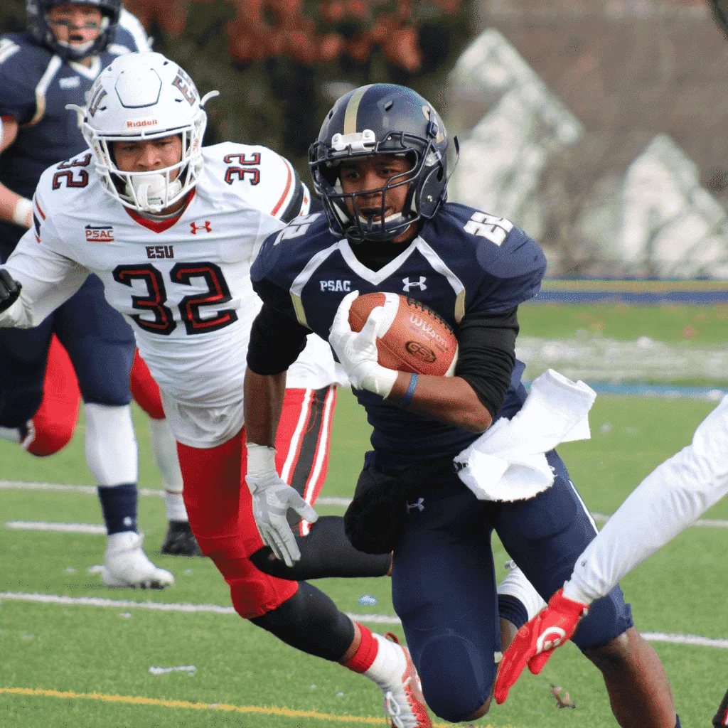American football action by Fashion Soul International, featuring a player in a dark uniform running with the ball while another player in white and red attempts a tackle.