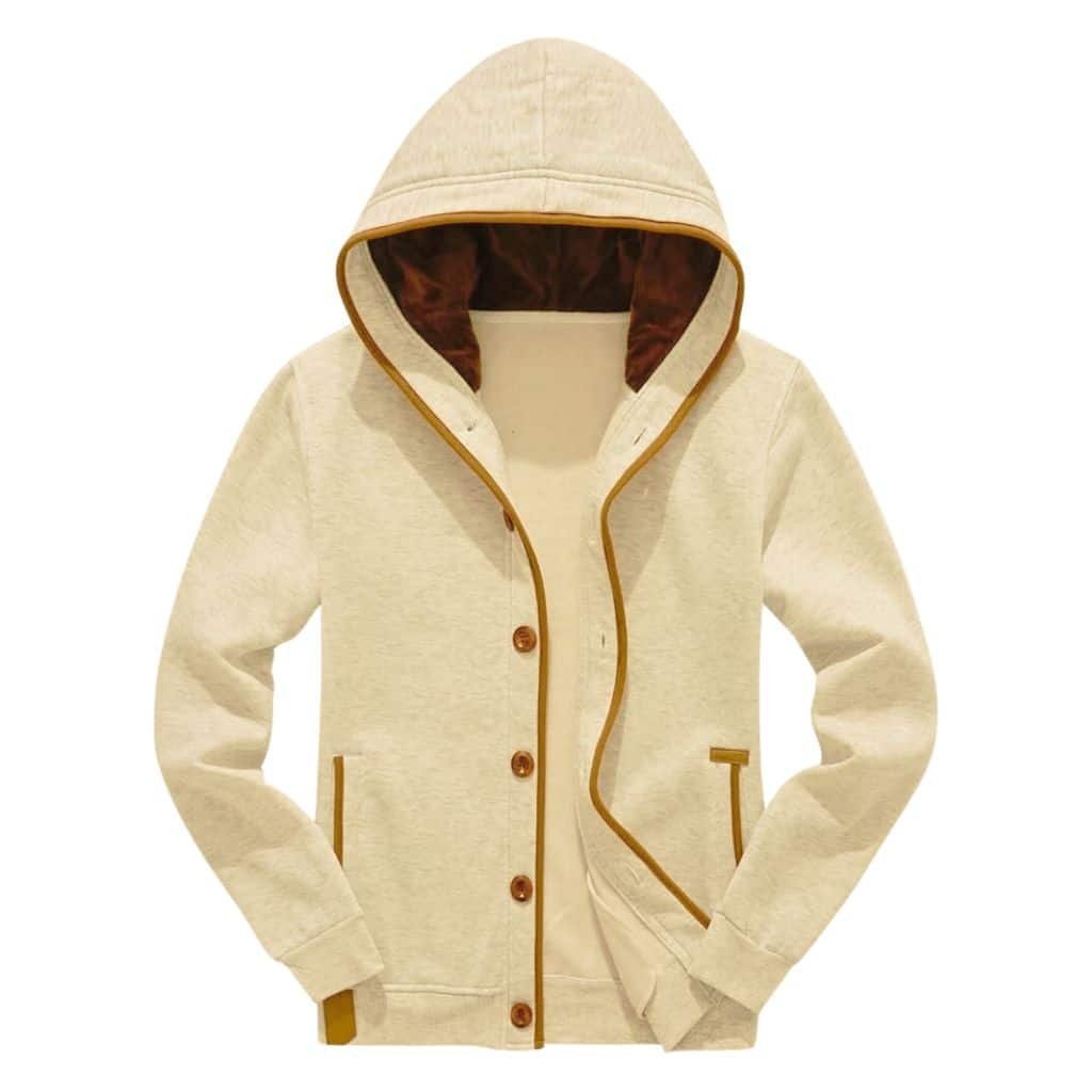 Unique button-up hoodie layered over a t-shirt for a semi-formal outfit.