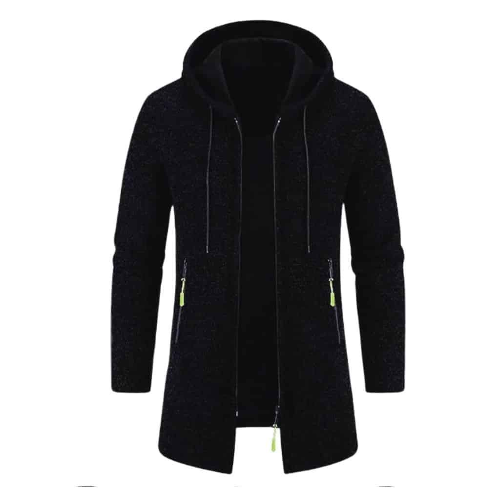 Unisex cardigan hoodie in black, worn over a collared shirt for a semi-formal outfit.