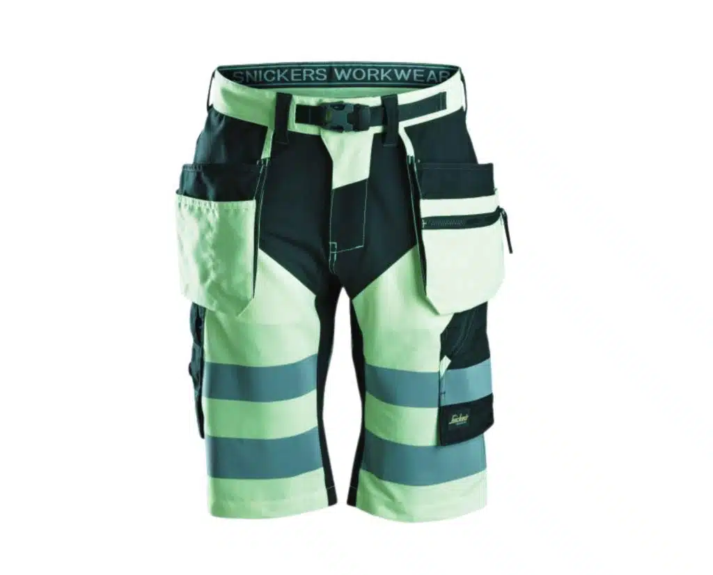High visibility workwear shorts in bright yellow with reflective strips for safety, manufactured by a trusted workwear manufacturer.