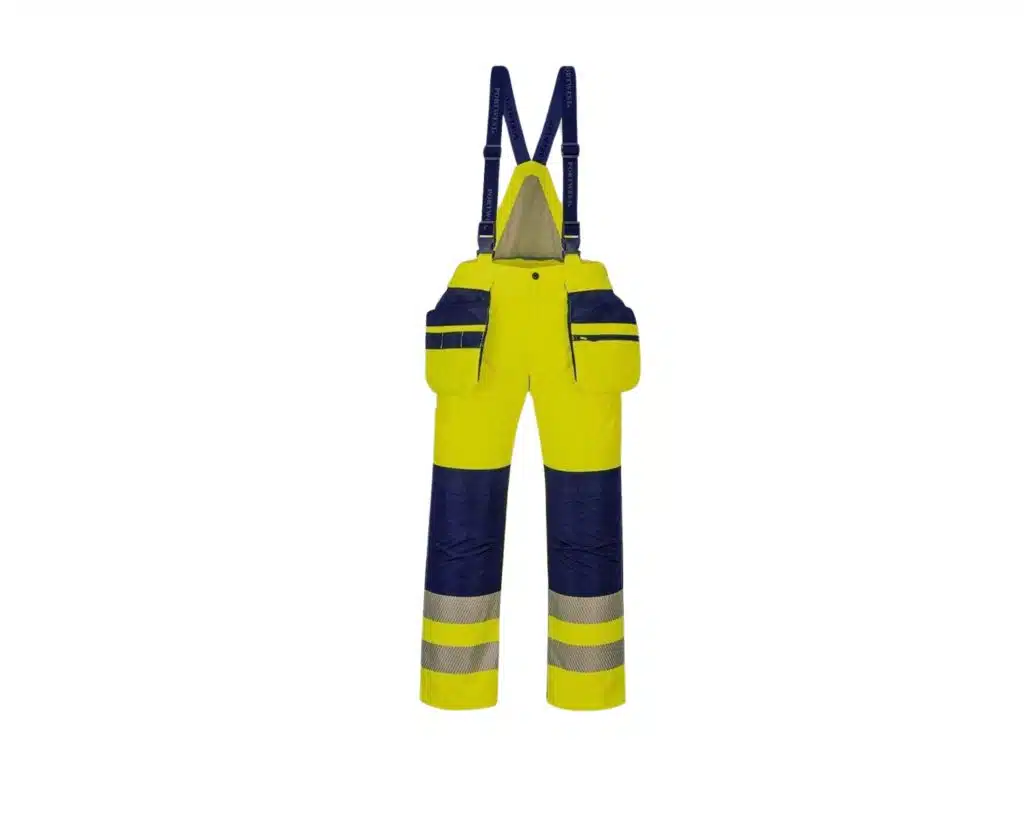 High visibility workwear bibs in bright yellow and navy blue with reflective strips, designed for safety. Manufactured by a leading workwear manufacturer for enhanced visibility and protection in industrial settings. work wears manufacturer