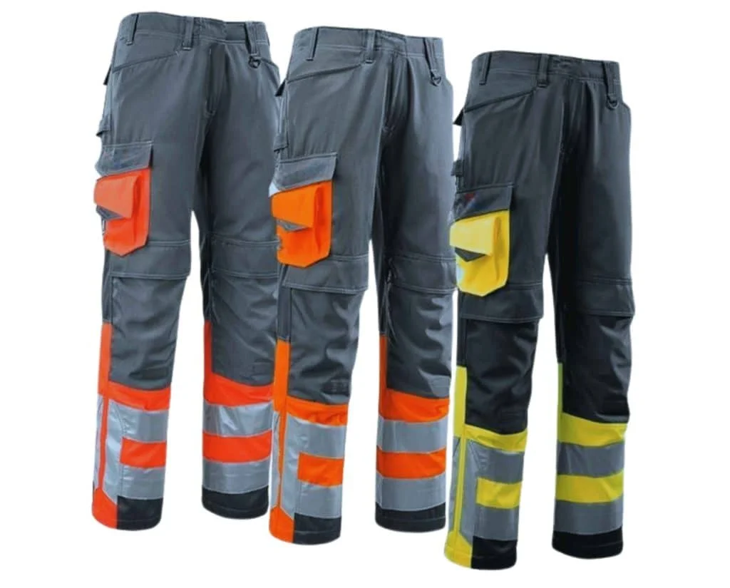 Hi Vis workwear trousers in yellow and navy blue with reflective bands, designed by a leading manufacturer for optimal worker visibility. work wears manufacturer