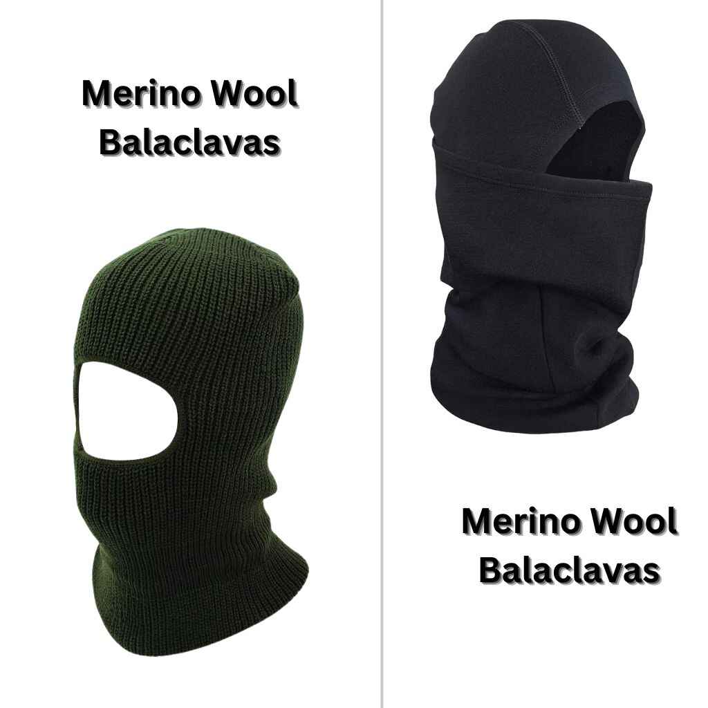 A close-up image of a Merino wool balaclava, showcasing its soft and breathable fabric. The balaclava covers the head, neck, and part of the face, with an opening for the eyes. Ideal for cold-weather activities, the material emphasizes comfort and warmth while maintaining a snug fit. A luxury Choose.
