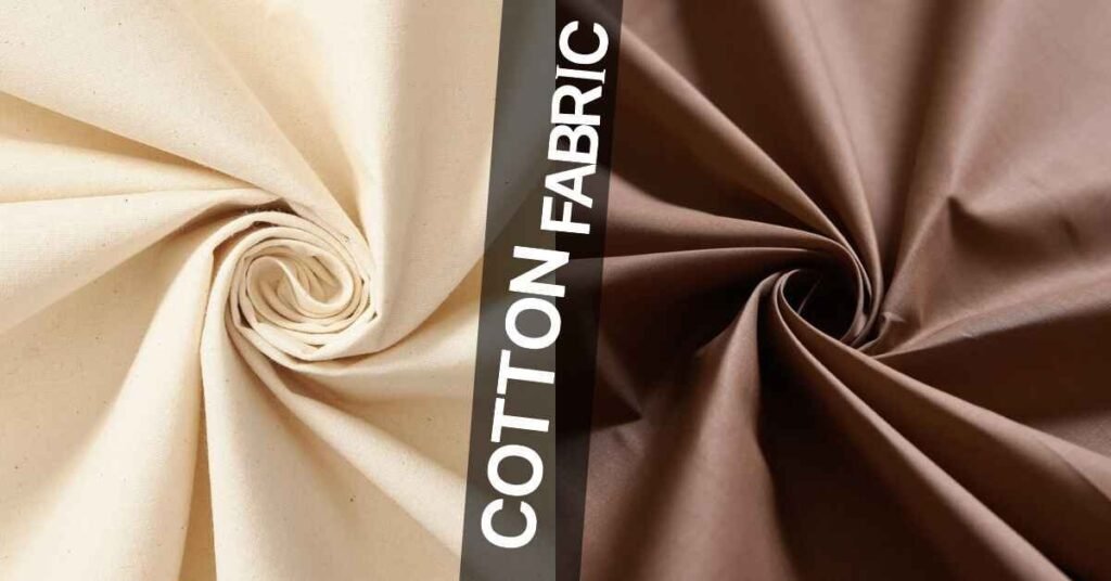 Close-up of two different cotton fabric swatches, one in beige and the other in brown, arranged in a spiral pattern with the text "COTTON FABRIC" overlaying the image.