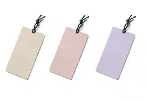 Plastic hang tags are made with recycled polyester material.