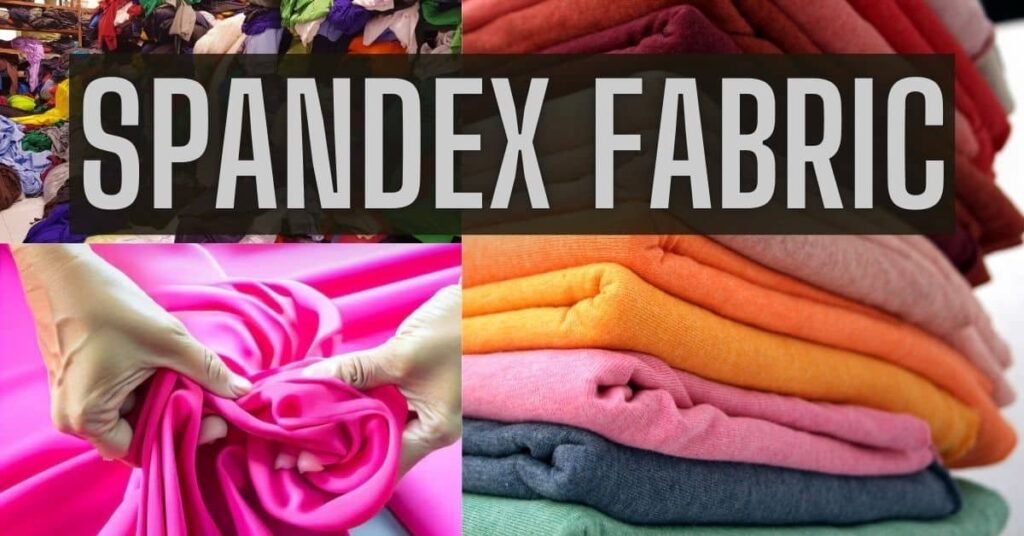 Various spandex fabrics displayed, showcasing texture, colors, and handling.