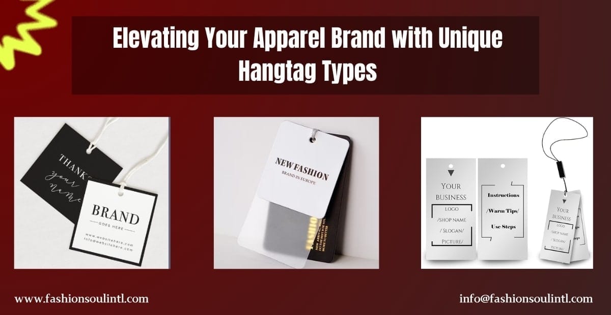 Various hangtags showcasing different designs and materials for an apparel brand.