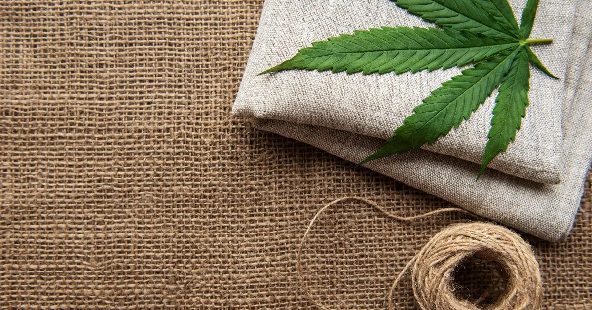 A hemp fabric swatch and a role of hemp yarn on the background of hemp fabric. Green leave of hemp on the hemp fabric piece.