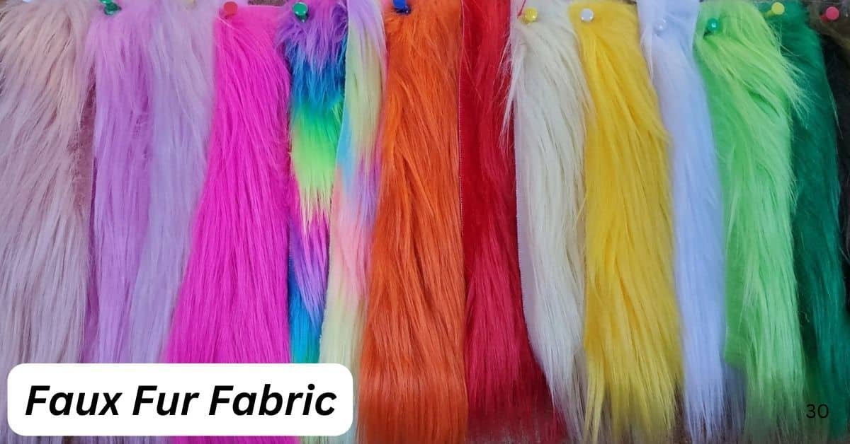 Colorful samples of faux fur fabric showcasing different textures and hues, representing various types of faux fur.