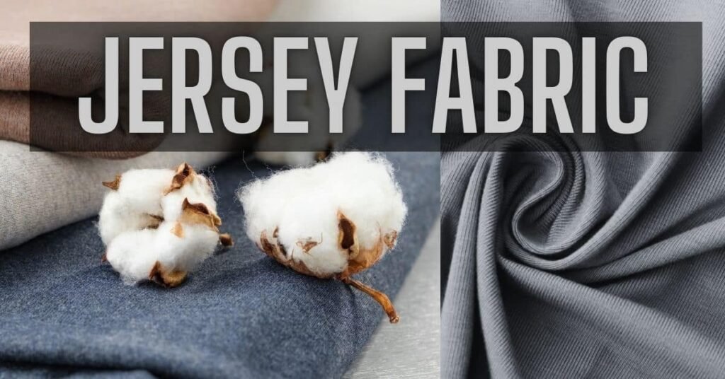 Close-up of jersey fabric with cotton bolls on a gray background and clothing textures.