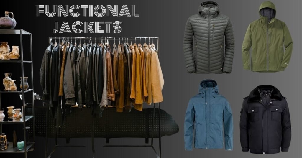 Display of various functional jackets on a rack, including styles for different weather conditions.