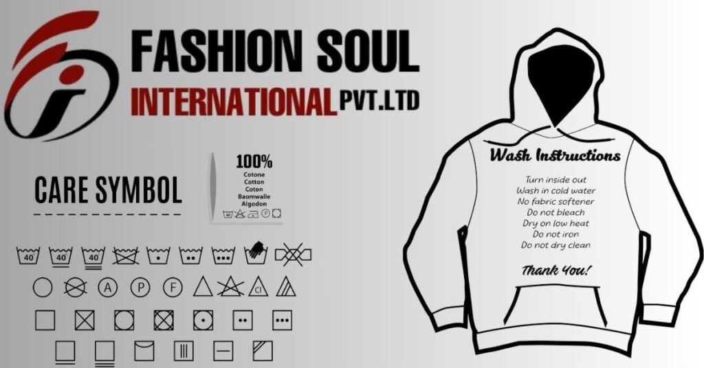 Illustration of hoodie care instructions including wash symbols and detailed care guidelines by Fashion Soul International.