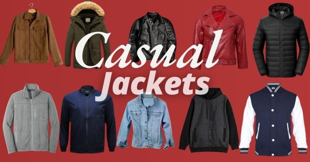 Collection of various casual jackets displayed against a red background, including denim, leather, and puffer styles.