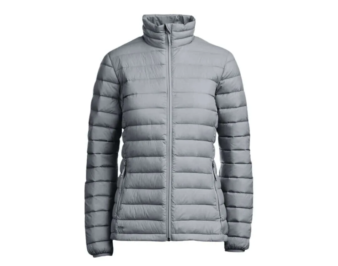 A lightweight and ultra-warm down jacket with a high collar for extra protection from the cold.