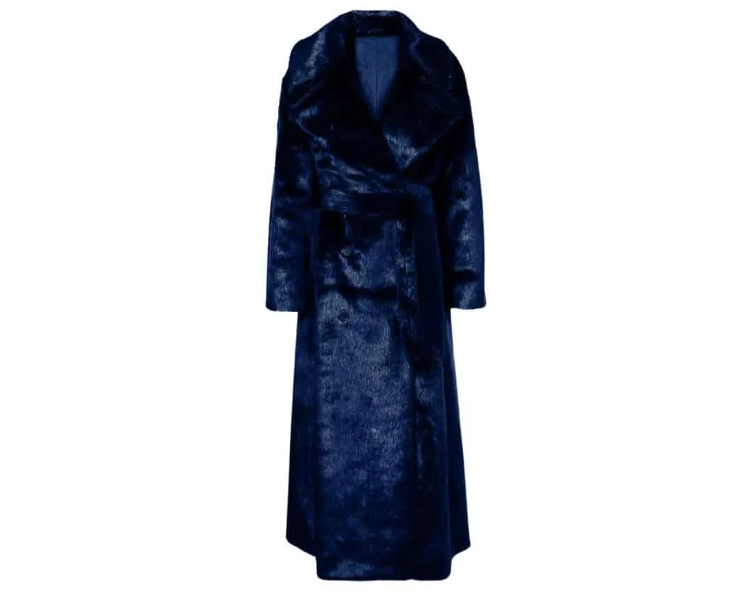 A luxurious faux fur coat with a plush texture and a bold, chic design.