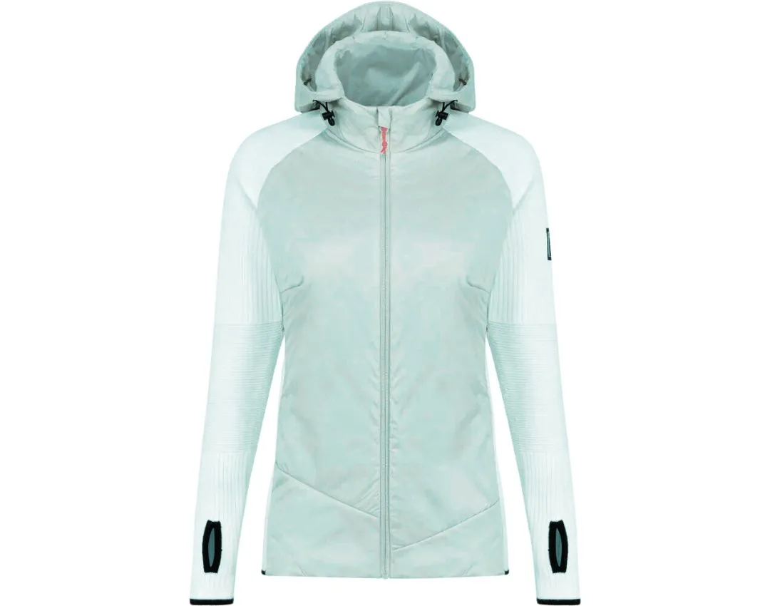 A stylish hybrid jacket combining softshell and quilted materials for versatility and warmth.