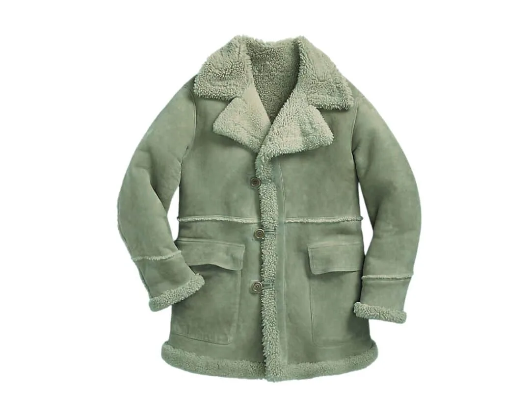 A shearling jacket with a warm, fleece-lined interior, a cozy and trendy choice in types of winter jackets.