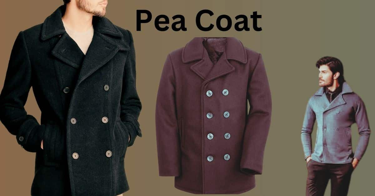 A stylish navy double-breasted pea-coat displayed on a hanger, highlighting its timeless design and wide lapels, perfect for winter fashion.
