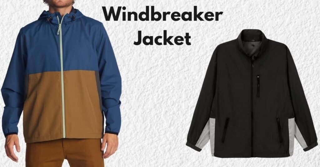 Man wearing a blue and brown windbreaker jacket alongside a black windbreaker jacket on a textured white background.
