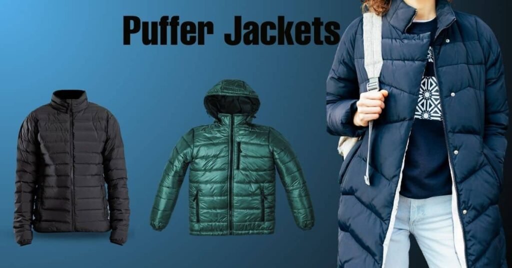Three stylish puffer jackets displayed against a gradient blue background, showcasing various colors and styles.