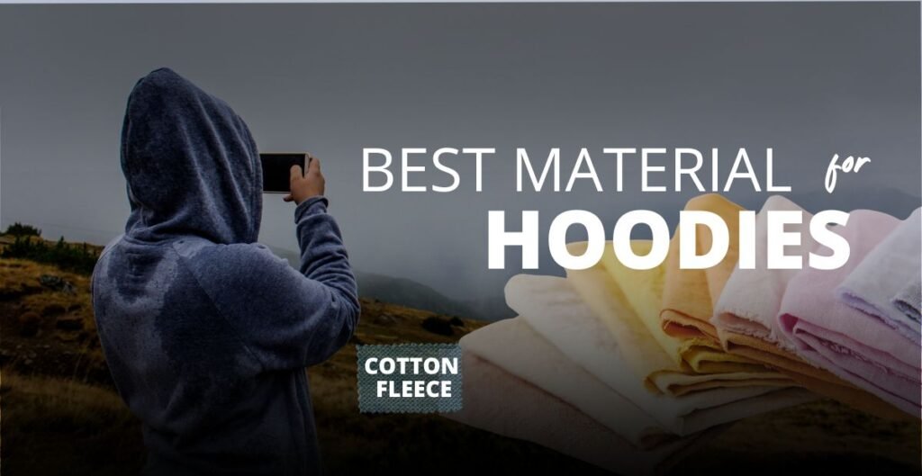 A graphic featuring the text best materials for hoodies alongside an illustration of a plain white hoodie on a blue background with snowflake patterns.