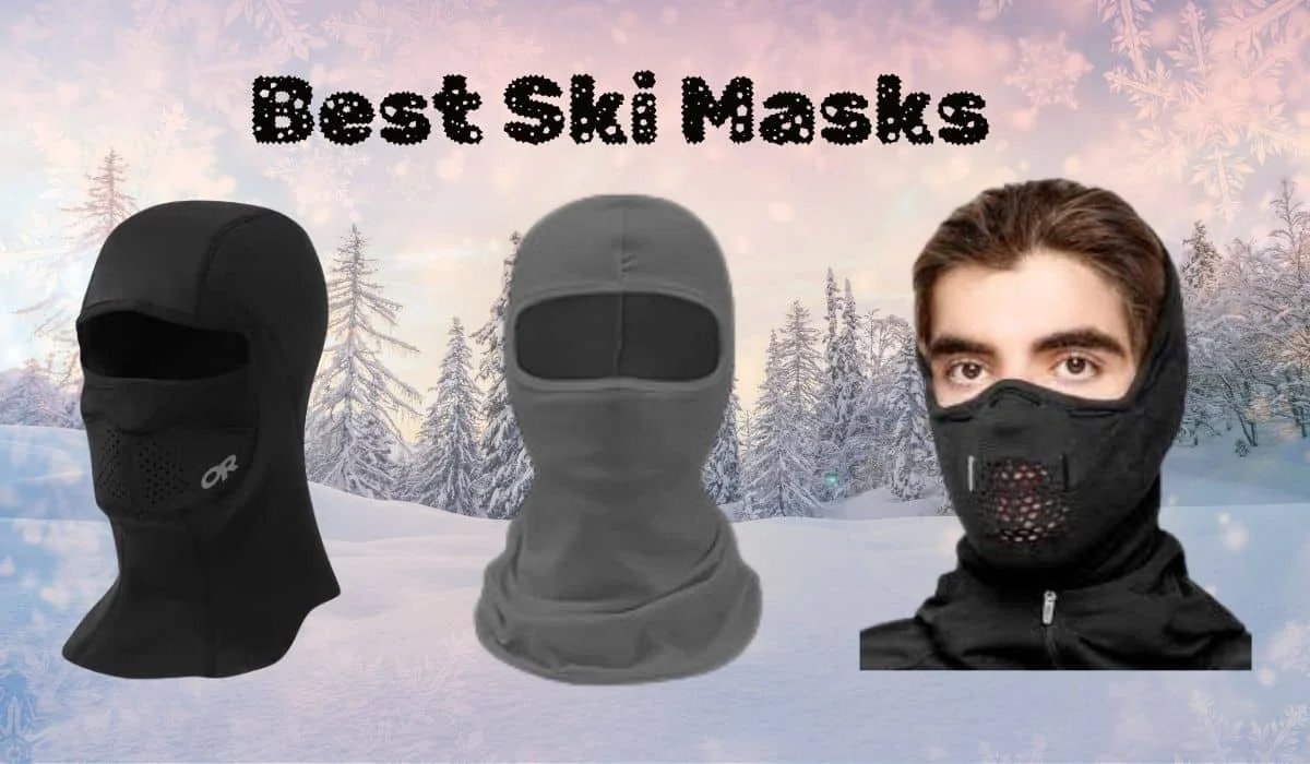 Three different ski masks displayed against a snowy background. The first mask is black, the second is gray, and the third is worn by a person with brown hair.