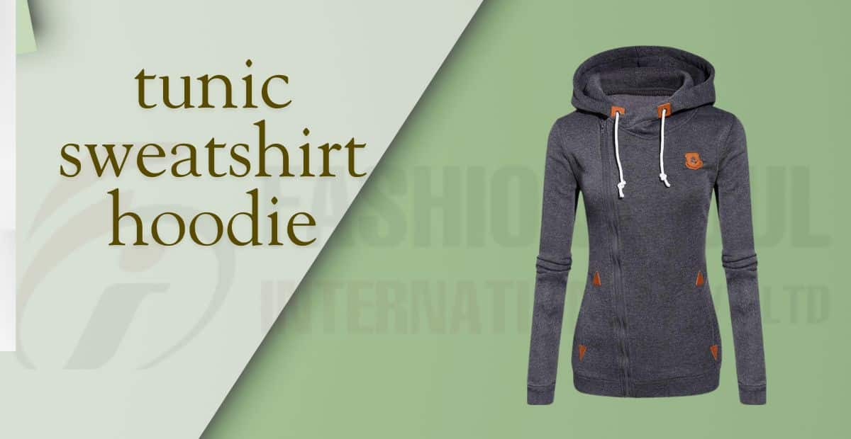 Dark gray women's zip-up hoodie featuring a cozy hood, brown accents, and a decorative logo. Tunic Sweatshirt Hoodie
