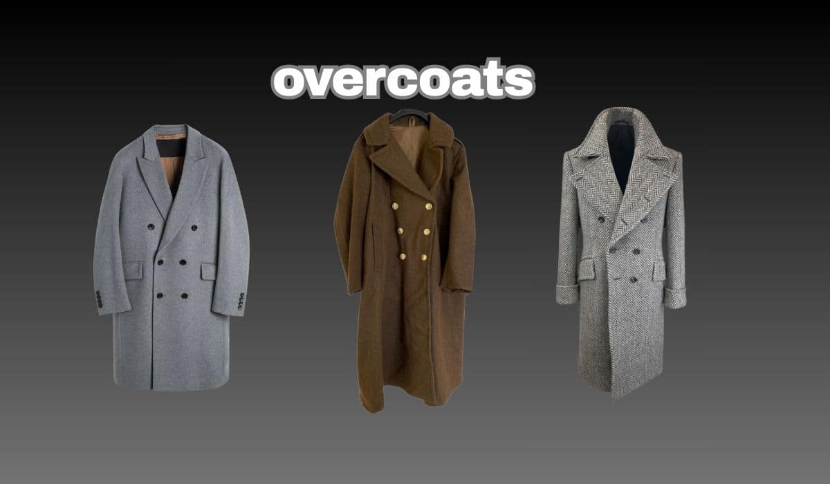 Stylish man wearing classic wool Overcoats, walking through a snowy city street, exuding winter elegance and sophistication.