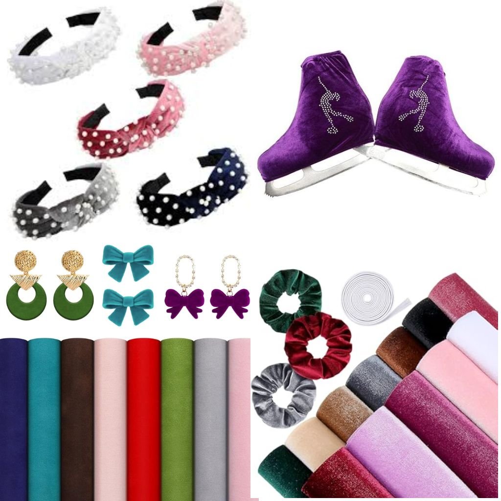 A colorful assortment of hair accessories and craft supplies. The image includes four polka-dot headbands in white, pink, red, and navy blue, a pair of purple velcro ice skates with rhinestone unicorns, green and pink hoop earrings, blue and purple bows, purple and red velvet scrunchies, a set of various colored foam sheets, and a selection of glittery and plain elastic bands in different colors.