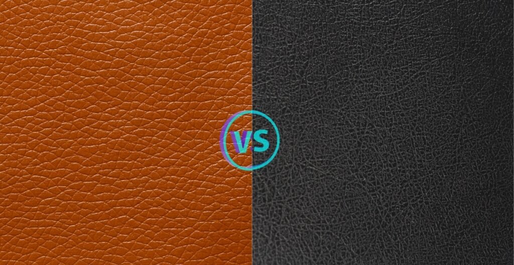 Image comparing two types of leather: faux leather (left side, orange-brown) versus bonded leather (right side, black).
