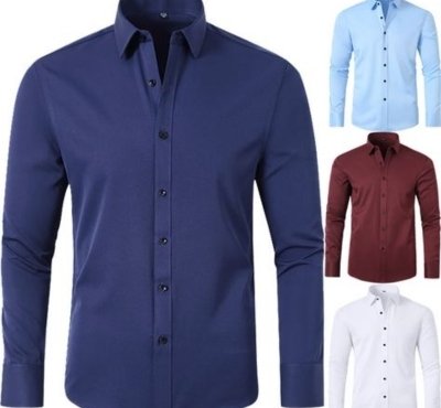 Men's long-sleeve shirts in various colors: navy, light blue, burgundy, and white.