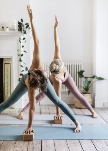 Two women practicing yoga in a serene indoor space, performing a pose with their arms extended and using yoga blocks for support.